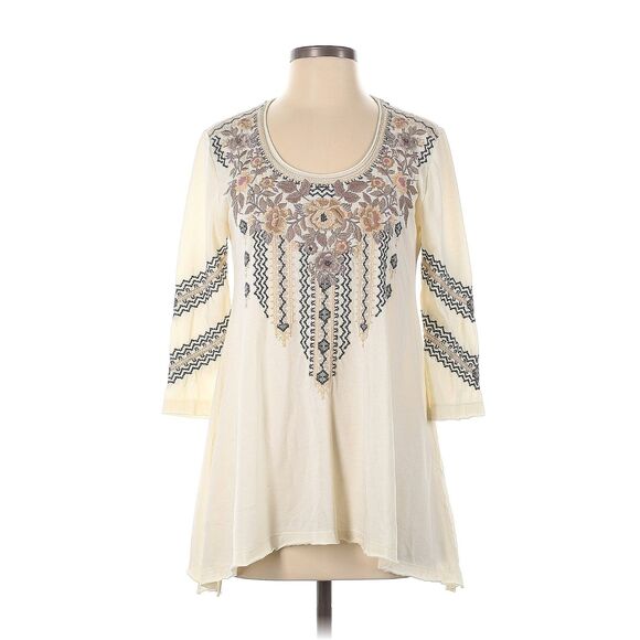 Johnny Was Marushka Cream Embroidered Boho 3/4 Sleeve Trapeze Top XS